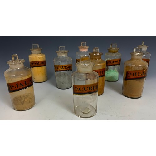 319 - 17 VINTAGE / ANTIQUE CHEMIST / APOTHECARY JARS / BOTTLES WITH LABELS & STOPPERS ADVISED FROM MANDERS... 