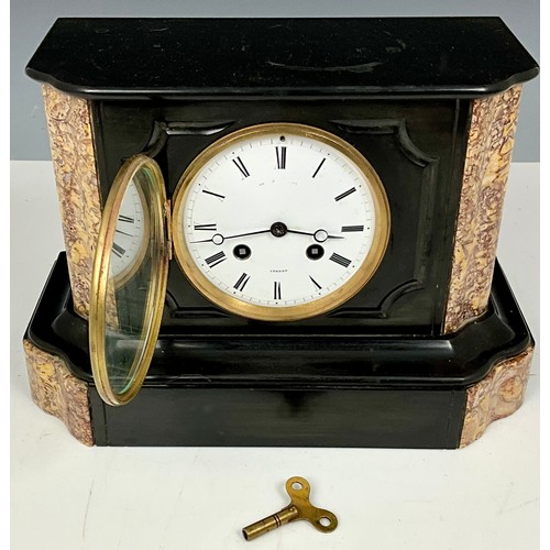 327 - VICTORIAN SLATE AND MARBLE MANTEL CLOCK. POSSIBLY J.W. BENSON, LONDON