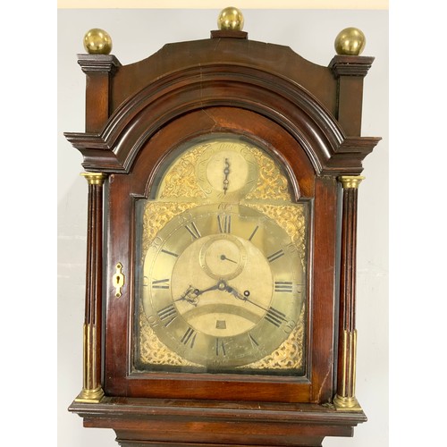 331 - MAHOGANY LONG CASE CLOCK WITH BRASS DIAL, STRIKE SILENT TO ARCH, 8 DAY MOVEMENT, DATE APERTURE, SUBS... 