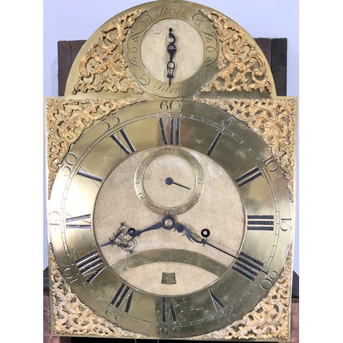 331 - MAHOGANY LONG CASE CLOCK WITH BRASS DIAL, STRIKE SILENT TO ARCH, 8 DAY MOVEMENT, DATE APERTURE, SUBS... 