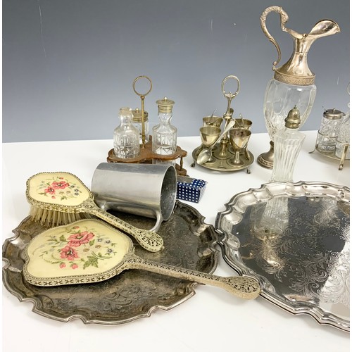 343 - TRAY OF MIXED SILVER PLATED WARE INC CLARET JUG , CONDIMENTS, TRAYS ETC