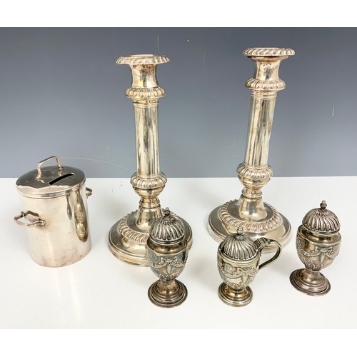 347 - MIXED SILVER PLATED WARE INC UNUSUAL DUST BIN MONEY BOX, PAIR GOOD QUALITY CANDLESTICKS , CONDIMENT ... 