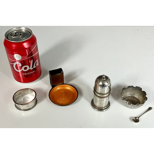 338 - MAPP & WEBB SILVER PLATED PEPPER MILL, OPEN SALT DISH WITH SERVING SPOON, NAPKIN RING AND BRASS ENAM... 