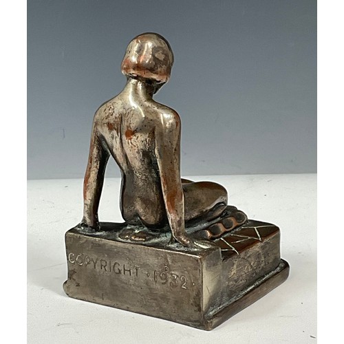 340 - SILVER PLATED STUDY OF A SEATED MAIDEN MARKED COPYRIGHT 1932, APPROX. 15 cm