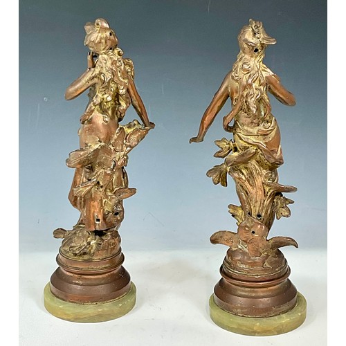 350 - AFTER AUGUSTE MOREAU, PAIR OF SPELTER FIGURES DEPICTING CLASSICAL MAIDENS, APPROX. 37 cm