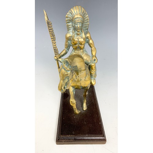 351 - BRASS FIGURE DEPICTING A MOUNTED INDIAN ON PLINTH  24cm TALL