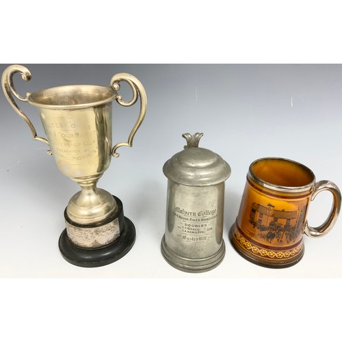 354 - MALVERN RELATED ITEM INC SILVER PLATED TROPHY, MALVERN COLLEGE PEWTER TANKARD , UNICORN INN TANKARD,... 