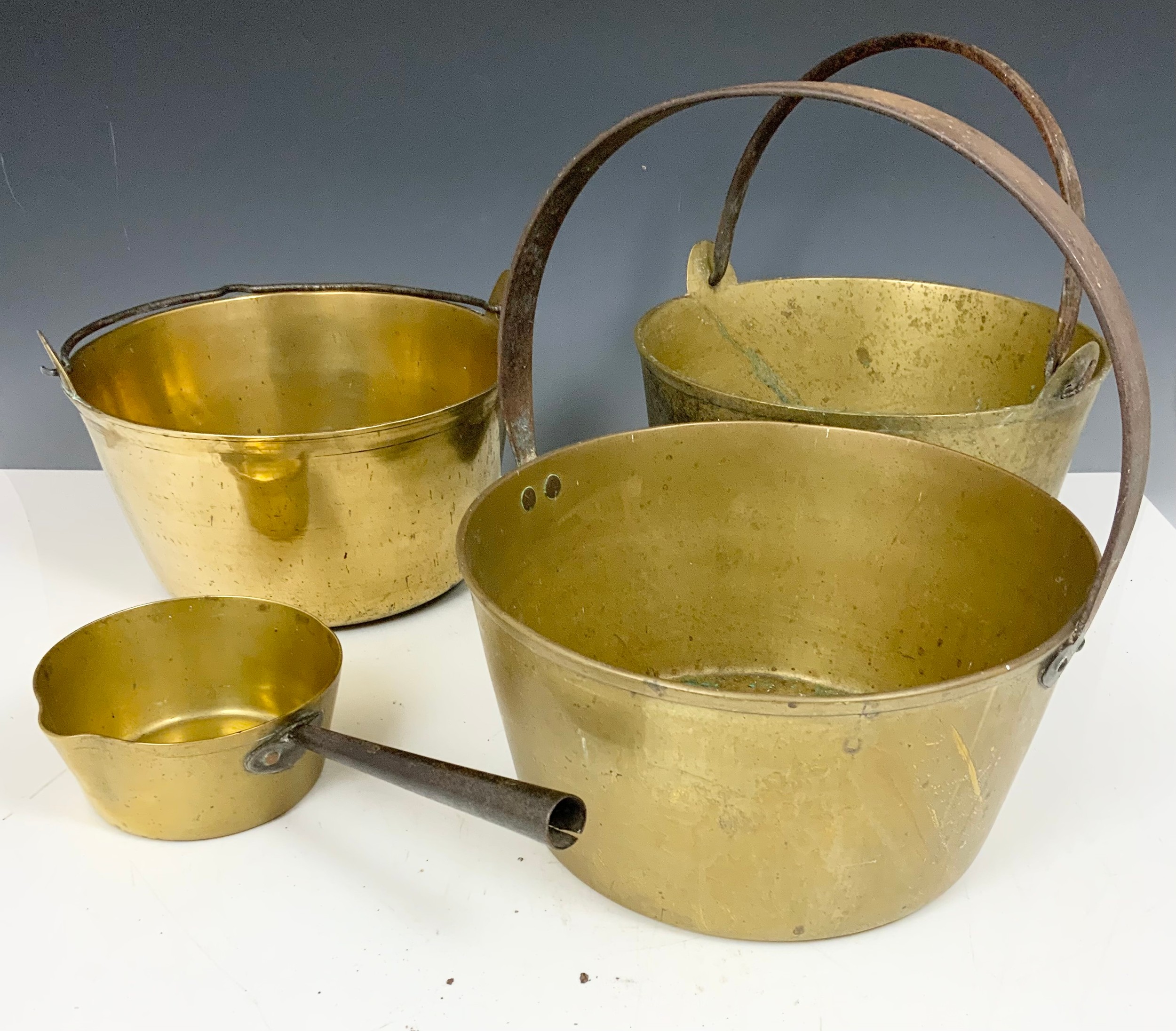 3 HEAVY BRASS JAM PANS & A BRASS SAUCE PAN