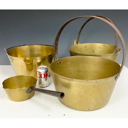 356 - 3 HEAVY BRASS JAM PANS & A BRASS SAUCE PAN