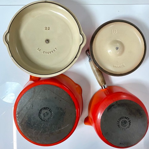 358 - LE CRUESET BURNT ORANGE, 2 CASSEROLE DISHES, 2 SAUCEPANS AND A KETTLE