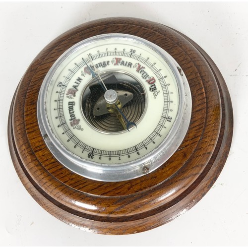 407 - OAK CASED BAROMETER, MIXED SILVER PLATED CUTLERY, PAIR OF BRASS CANDLESTICKS WITH PUSHERS