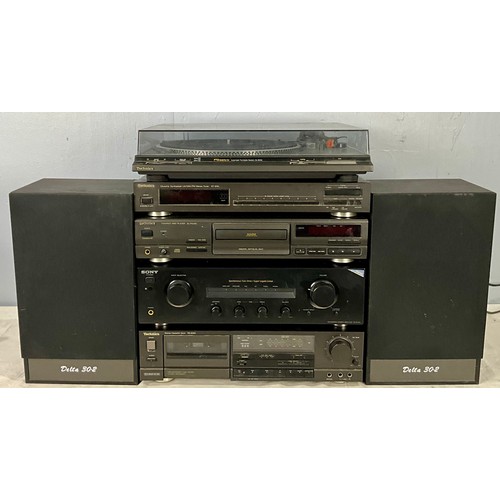 372 - TECHNICS AND SONY HI FI SEPARATES INC. TURNTABLE, CD PLAYER, AMP, TUNER, CASSETTE PLAYER AND A PAIR ... 