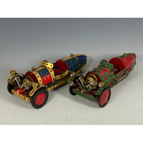 34 - MECCANO, 2 BUILT MECCANO MORGAN 3 WHEELER CARS BOTH FREEWHEELING MODELS, ONE WITH EARLY BLUE & WHITE... 