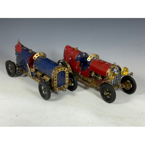 35 - 2 MECCANO, VINTAGE RACING CARS, EARLY GOLD COLOUR & BLUE CHEQUER PLATE STYLE MECCANO, BOTH FREE WHEE... 