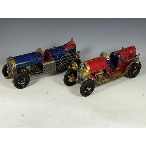 35 - 2 MECCANO, VINTAGE RACING CARS, EARLY GOLD COLOUR & BLUE CHEQUER PLATE STYLE MECCANO, BOTH FREE WHEE... 