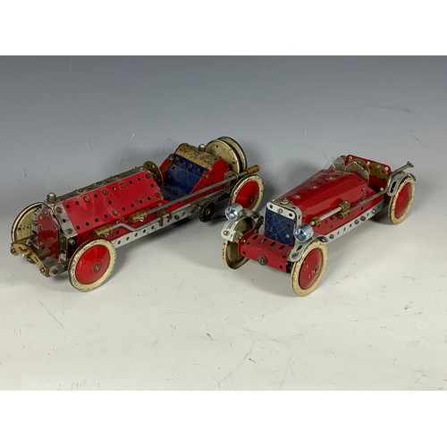 36 - 2 MECCANO BUILT CLASSIC VINTAGE RACING CARS, BOTH FREE WHEELING.