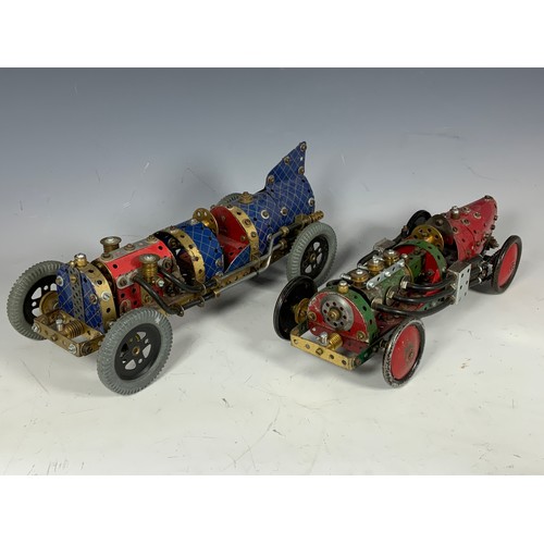 37 - 2 MECCANO BUILT RACING CARS, IN THE STYLE OF A BUGATTI, & FIN TAIL RACING CAR. BOTH FREE WHEELING, M... 