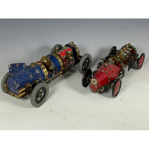 37 - 2 MECCANO BUILT RACING CARS, IN THE STYLE OF A BUGATTI, & FIN TAIL RACING CAR. BOTH FREE WHEELING, M... 