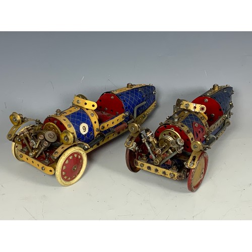 38 - 2 MECCANO BUILT MORGAN 3 WHEEL ‘MORGAN’ CARS, BOTH FREE WHEELING, BLUE CHEQUER & GOLD COLOURED CONST... 