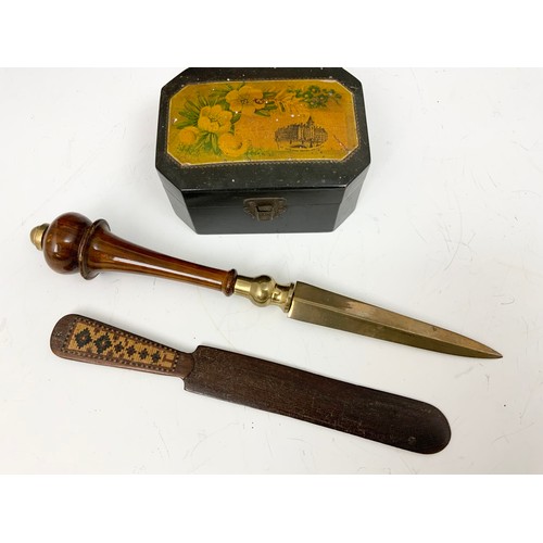 424 - TUNBRIDGE WARE PAPER KNIFE, ONE OTHER WITH A TURNED HANDLE AND A BOX