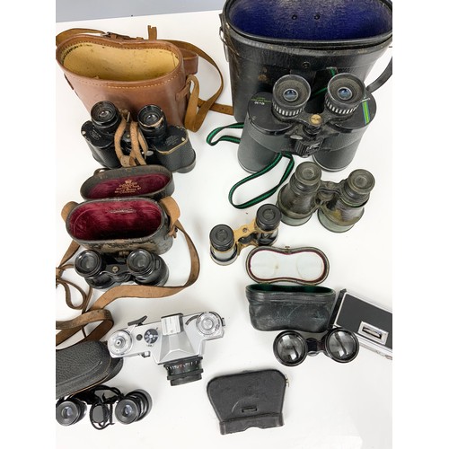 391 - TRAY OF BINOCULARS, CAMERAS ETC