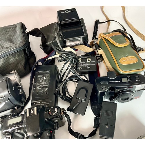 392 - VINTAGE CAMCORDER AND CAMERAS WITH ACCESSORIES INC. SHARP, CANON, OLYMPUS AND MINOLTA