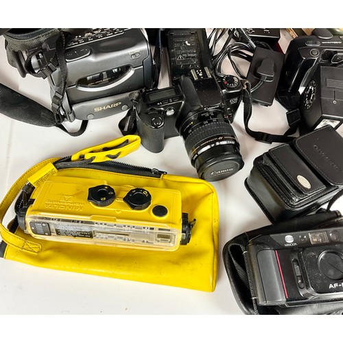 392 - VINTAGE CAMCORDER AND CAMERAS WITH ACCESSORIES INC. SHARP, CANON, OLYMPUS AND MINOLTA