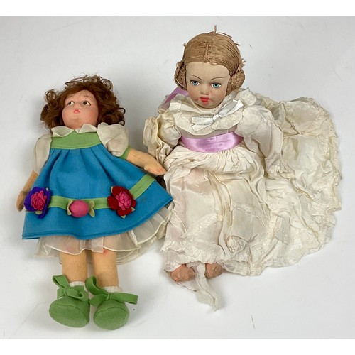 447 - DOLLS, POSSIBLY LENCI FELT DOLL FROM THE 1930S AND ONE OTHER SIMILAR