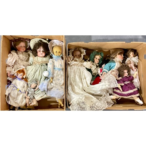 459 - 2 BOXES OF MOSTLY MODERN COLLECTABLE DOLLS INC. SOME BISQUE HEAD