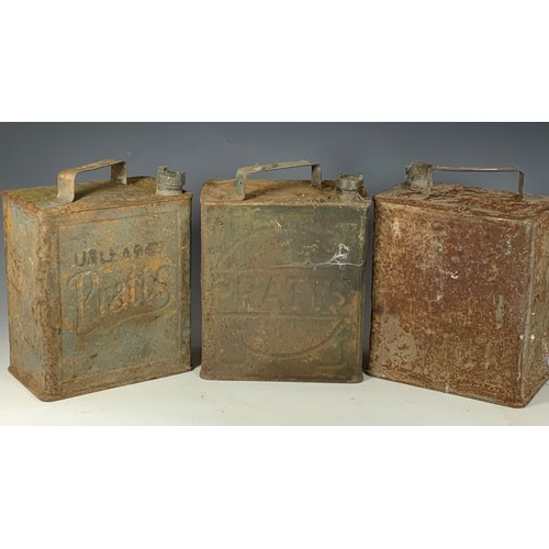 27 - VINTAGE PETROL CANS, 2 X PRATTS WITH PRATTS CAP, & A PRATTS WITH ESSO CAP