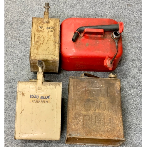 26 - VINTAGE PETROL CAN SHELL MOTOR SPIRIT,  VALOR ESSO BLUE PARAFFIN CAN, ANOTHER SIMILAR & A NEWER RED ... 