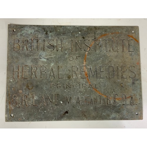 77 - METAL DOOR NAMEPLATE, BRITISH INSTITUTE OF HERBAL REMEDIES PRINCIPAL R G LANE, MA (CANTAB) CDA, APPR... 