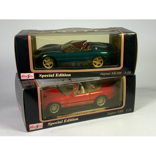 170 - 2 BOXED MAISTO 1:18 SCALE DIECAST CARS : 31867 JAGUAR XK180, & 31863 JAGUAR XKR