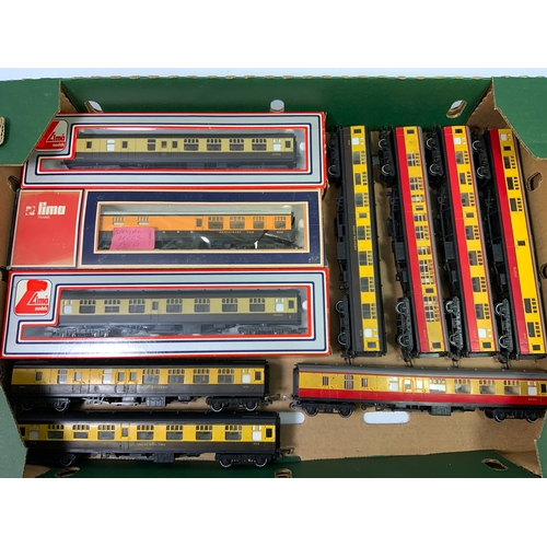 351 - HORNBY, TRIANG & LIMA MK 1 COACHES, COMPRISING 3 BOXED & 7 U/B, CARMINE & CREAM & CHOCOLATE & CREAM