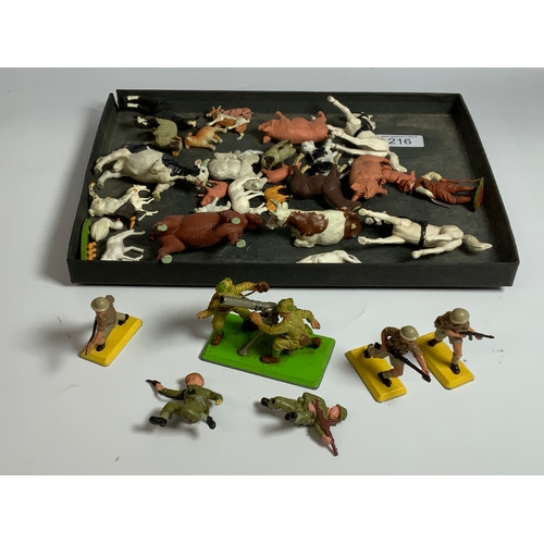 216 - BRITAINS, 76MM GUN & SOLDIERS, PLUS 3 OTHER METAL BASED SOLDIERS, & QTY OF PLASTIC FARM ANIMALS