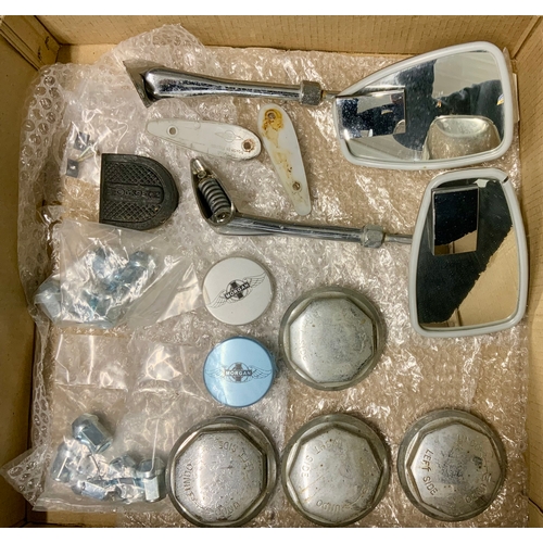 236 - MORGAN CAR PARTS, PAIR OF WING MIRRORS, HUB CAP COVERS, & STUDS