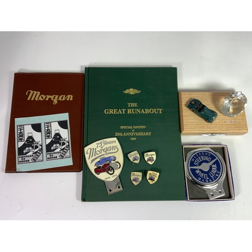 238 - MORGAN CAR INTEREST, A COMMEMORATIVE CAR BUMPER BADGE, 75 YEARS MORGANS 1090- 1984, 4 LAPEL BADGES, ... 