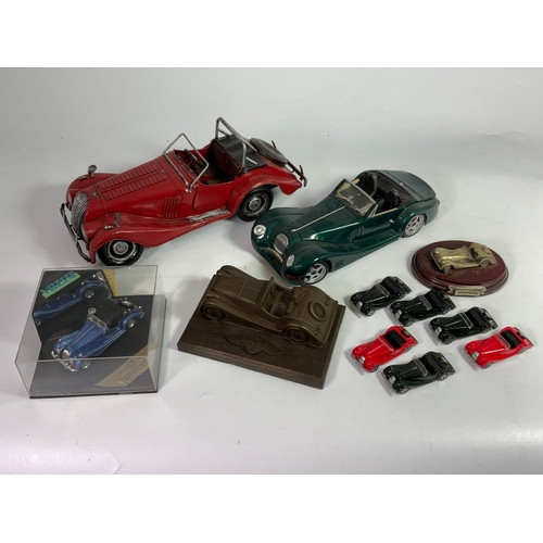 234 - MORGAN MODEL CARS, MAISTO MORGAN AERO, MODERN TINPLATE CAR, VITESSE MORGAN 4/4, PAPERWEIGHT, & 6 TOM... 