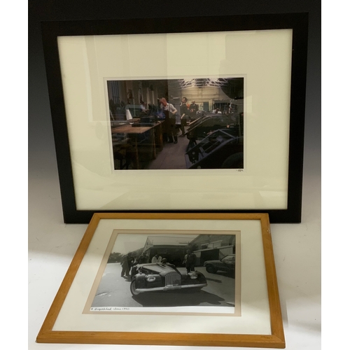 240 - TWO FRAMED PICTURES, A NEW MORGAN BEING DISPATCHED JUNE 1970 & BODY PANELING SHOP 1969