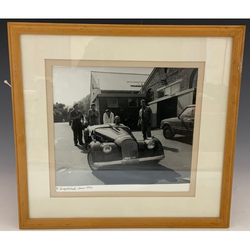 240 - TWO FRAMED PICTURES, A NEW MORGAN BEING DISPATCHED JUNE 1970 & BODY PANELING SHOP 1969