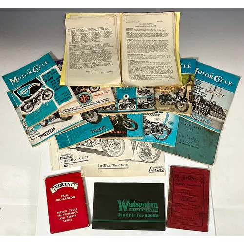 252 - MOTORCYCLE INTEREST, A COLLECTION OF VARIOUS BROCHURES, WATSONIAN SIDECARS MODELS FOR 1932, VINCENT ... 