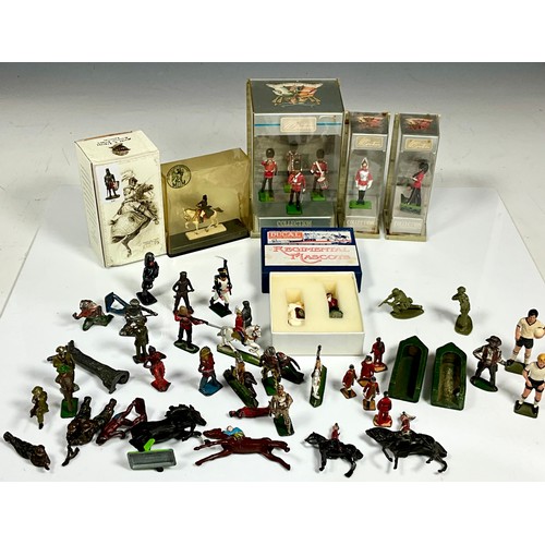 224 - COLLECTION OF METAL MILITARY FIGURES, INDIAN, FOOTBALL FIGURES, PLUS DUCAL DIECAST REGIMENTAL MASCOT... 