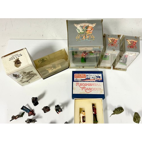 224 - COLLECTION OF METAL MILITARY FIGURES, INDIAN, FOOTBALL FIGURES, PLUS DUCAL DIECAST REGIMENTAL MASCOT... 