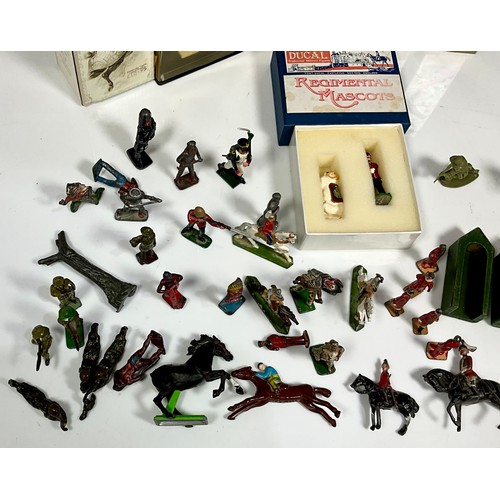 224 - COLLECTION OF METAL MILITARY FIGURES, INDIAN, FOOTBALL FIGURES, PLUS DUCAL DIECAST REGIMENTAL MASCOT... 