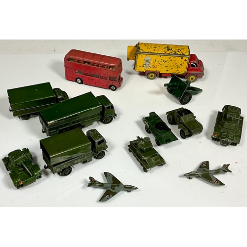 193 - DINKY TOYS, U/B, BIG BEDFORD HEINZ, P/W, ROUTEMASTERS BUS, 7 MILITARY VEHICLES & 2 HAWKER HUNTERS. (... 