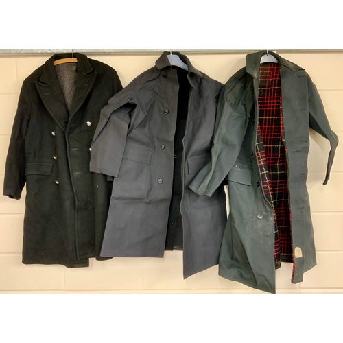 264 - BRITISH RAILWAYS OVERCOAT WITH 8 BUTTONS, BRITISH RAILWAYS MACINTOSH, ONE LITTLE USE & 1 WELL USED