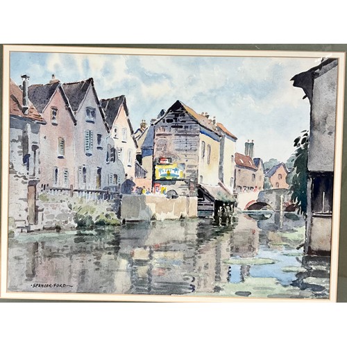 16 - SPENCER FORD WATERCOLOUR DEPICTING A WATER MILL. APPROX. 39 x 29cm