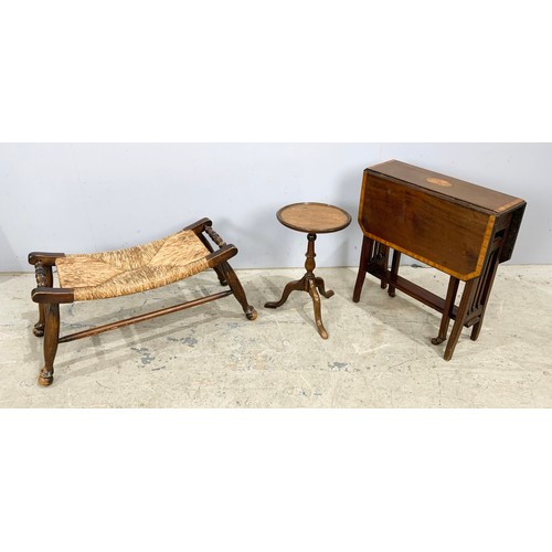 653 - CANE TOP STOOL, WINE TABLE AND SMALL DROP LEAF TABLE