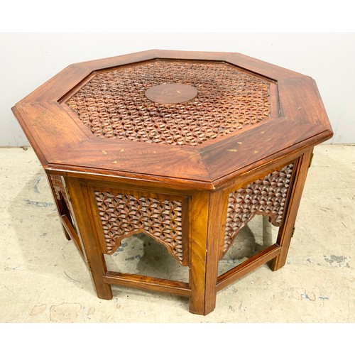 651 - ORNATE HARDWOOD OCTAGONAL TABLE WITH BRASS INLAY & PIERCED DECORATION WIDTH 75cm