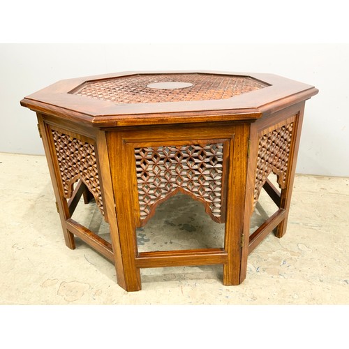 651 - ORNATE HARDWOOD OCTAGONAL TABLE WITH BRASS INLAY & PIERCED DECORATION WIDTH 75cm